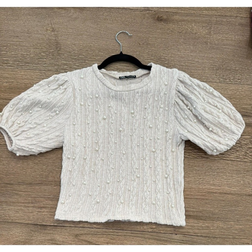 Zara Sweater Puff Short Sleeve Crop Length‎ Pearl Embellishment Women's Size
